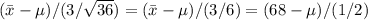 (\bar{x}-\mu)/(3/\sqrt{36}) = (\bar{x}-\mu)/(3/6) = (68-\mu)/(1/2)