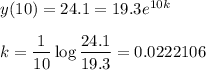 y(10) = 24.1 = 19.3e^{10k}\\\\k = \displaystyle\frac{1}{10} \log \frac{24.1}{19.3} = 0.0222106