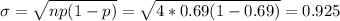 \sigma=\sqrt{np(1-p)}=\sqrt{4*0.69(1-0.69)}=0.925