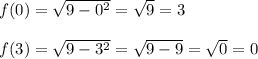 f(0) = \sqrt{9-0^2}=\sqrt9=3\\\\f(3)=\sqrt{9-3^2}=\sqrt{9-9}=\sqrt0=0