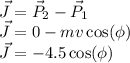 \vec{J} = \vec{P}_2 - \vec{P}_1\\\vec{J} = 0 - mv\cos(\phi)\\\vec{J} = -4.5\cos(\phi)