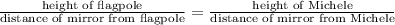 \frac{\text{height of flagpole}}{\text{distance of mirror from flagpole}}=\frac{\text{height of Michele}}{\text{distance of mirror from Michele}}