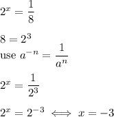 2^x=\dfrac{1}{8}\\\\8=2^3\\\text{use}\ a^{-n}=\dfrac{1}{a^n}\\\\2^x=\dfrac{1}{2^3}\\\\2^x=2^{-3}\iff x=-3