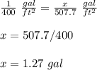 \frac{1}{400}\ \frac{gal}{ft^2}=\frac{x}{507.7}\ \frac{gal}{ft^2}\\\\x=507.7/400\\\\x= 1.27\ gal
