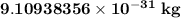 {\mathbf{9}}{\mathbf{.10938356 \times 1}}{{\mathbf{0}}^{{\mathbf{ - 31}}}}\;{\mathbf{kg}}