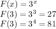 F(x)=3^{x} \\F(3)=3^{3}=27\\F(3)=3^{4}=81