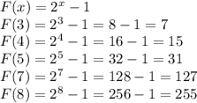 F(x)=2^{x}-1\\F(3)=2^{3}-1=8-1=7\\F(4)=2^{4}-1=16-1=15\\F(5)=2^{5}-1=32-1=31\\F(7)=2^{7}-1=128-1=127\\F(8)=2^{8}-1=256-1=255\\
