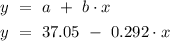 \begin{aligned} y~&=~a ~+~ b \cdot x \\y~&=~37.05 ~-~ 0.292 \cdot x\end{aligned}