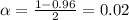 \alpha = \frac{1-0.96}{2} = 0.02