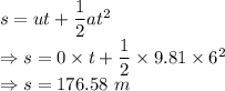 s=ut+\dfrac{1}{2}at^2\\\Rightarrow s=0\times t+\dfrac{1}{2}\times 9.81\times 6^2\\\Rightarrow s=176.58\ m