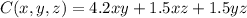 C(x,y,z) = 4.2xy + 1.5xz + 1.5yz