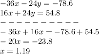 -36x-24y=-78.6\\16x+24y=54.8\\----------\\-36x+16x=-78.6+54.5\\-20x=-23.8\\x=1.19