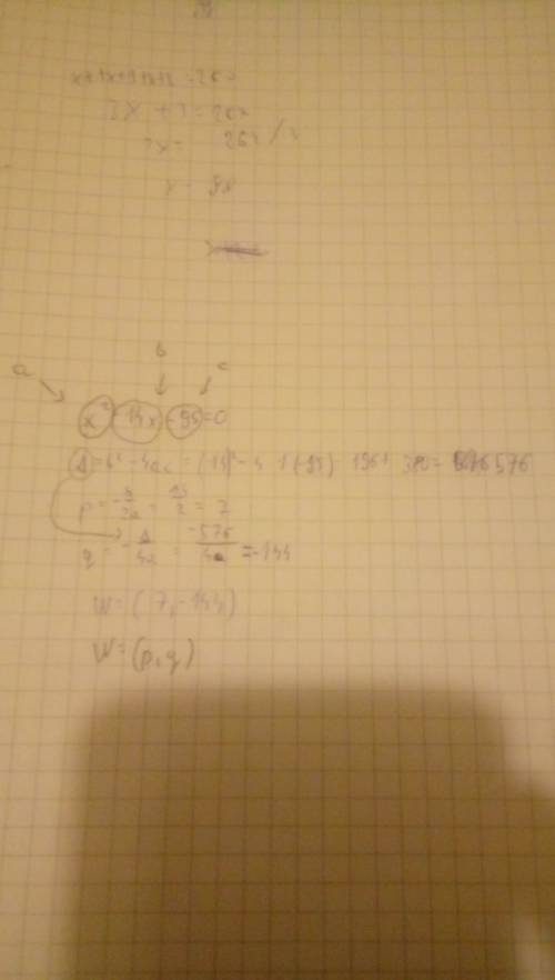 What is the vertex of the function x2 - 14x - 95 = 0?