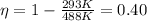 \eta = 1 - \frac{293 K}{488 K}=0.40