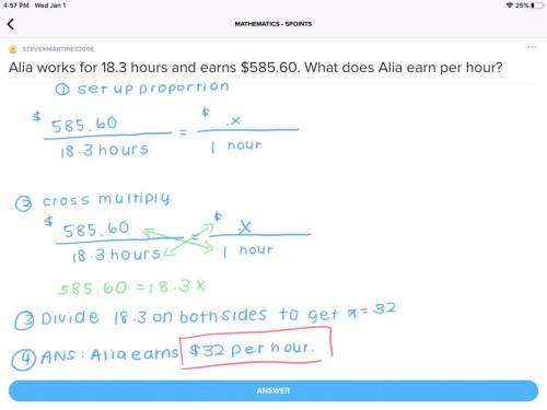 Alia works for 18.3 hours and earns $585.60. what does alia earn per hour?