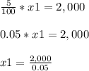 \frac{5}{100} *x1 = 2,000 \\\\ 0.05*x1=2,000\\\\ x1=\frac{2,000}{0.05}