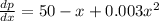 \frac{dp}{dx}=50-x+0.003x^2