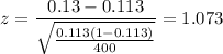 z = \displaystyle\frac{0.13-0.113}{\sqrt{\frac{0.113(1-0.113)}{400}}} = 1.073