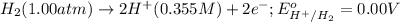 H_2(1.00atm)\rightarrow 2H^{+}(0.355M)+2e^-;E^o_{H^{+}/H_2}=0.00V