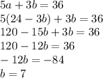 5a+3b=36\\5(24-3b)+3b=36\\120-15b+3b=36\\120-12b=36\\-12b=-84\\b=7
