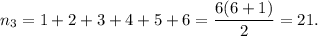 n_3=1+2+3+4+5+6=\dfrac{6(6+1)}{2}=21.
