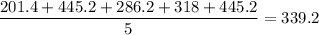 \dfrac{201.4+445.2+ 286.2+318+445.2}{5}=339.2