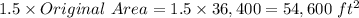 1.5\times Original\ Area = 1.5\times 36,400=54,600\ ft^2