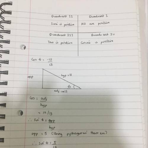 Angle θ is in quadrant ii - and cosθ = −12/13 what is the value of sinθ?