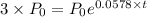 3 \times P_0= P_0 e^{0.0578 \times t}