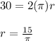 30 = 2(\pi)r\\\\r =\frac{15}{\pi}