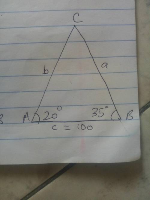 In the triangle abc if angle a is 20 degrees, angle b is 35 degrees and the side between (side c) th