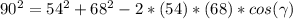 \\ 90^2 = 54^2 + 68^2 - 2*(54)*(68)*cos(\gamma)