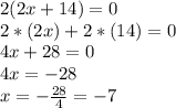 2(2x+14)=0\\2*(2x)+2*(14)=0\\4x+28=0\\4x=-28\\x=-\frac{28}{4}=-7