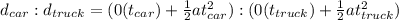 d_{car} : d_{truck} = (0(t_{car}) + \frac{1}{2}at_{car}^2) : (0(t_{truck}) + \frac{1}{2}at_{truck}^2)