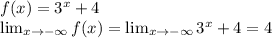 f(x)=3^x+4\\\ \lim_{x \to -\infty} f(x) =\lim_{x\rightarrow-\infty}3^x+4=4