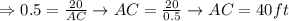 \Rightarrow 0.5=\frac{20}{AC}\rightarrow AC=\frac{20}{0.5}\rightarrow AC=40 ft