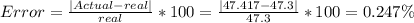 Error = \frac{|Actual-real|}{real}*100 = \frac{|47.417-47.3|}{47.3}*100 =0.247\%