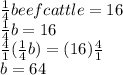 \frac{1}{4}beefcattle=16 \\  \frac{1}{4}b=16 \\  \frac{4}{1}( \frac{1}{4}b)=(16) \frac{4}{1}  \\ b=64