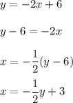 y=-2x+6\\ \\y-6=-2x\\ \\x=-\dfrac{1}{2}(y-6)\\ \\x=-\dfrac{1}{2}y+3