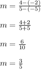 m=\frac{4-(-2)}{5-(-5)}\\\\ m=\frac{4+2}{5+5}\\\\m=\frac{6}{10}\\\\m=\frac{3}{5}