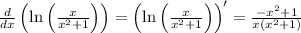 \frac{d}{dx}\left(\ln \left(\frac{x}{x^2+1}\right)\right)=\left(\ln{\left(\frac{x}{x^{2} + 1} \right)}\right)^{\prime }=\frac{-x^2+1}{x\left(x^2+1\right)}