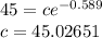 45 = ce^{-0.589} \\c=45.02651