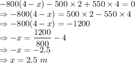 -800(4-x)-500\times 2+550\times 4=0\\\Rightarrow -800(4-x)=500\times 2-550\times 4\\\Rightarrow -800(4-x)=-1200\\\Rightarrow -x=\dfrac{1200}{800}-4\\\Rightarrow -x=-2.5\\\Rightarrow x=2.5\ m