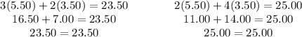 \begin{array}{cccl}3(5.50) + 2(3.50) = 23.50 & \qquad & 2(5.50) + 4(3.50) = 25.00\\16.50 + 7.00 = 23.50 & \qquad & 11.00 + 14.00 = 25.00\\23.50 = 23.50 & \qquad & 25.00 = 25.00\\\end{array}