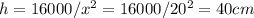 h = 16000/x^2 = 16000/20^2 = 40 cm