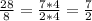 \frac{28}{8}=\frac{7*4}{2*4}=\frac{7}{2}