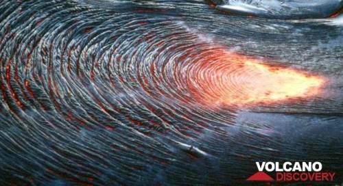 Pahoehoe is a) cooler, slower- moving lava b) fast-moving, hot lava c) volcanic ash d) lava with a r