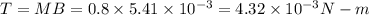 T=MB=0.8\times 5.41\times 10^{-3}=4.32\times 10^{-3}N-m