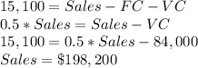 15,100 = Sales - FC - VC\\0.5*Sales = Sales -VC\\15,100 = 0.5*Sales - 84,000\\Sales = \$198,200
