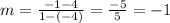 m=\frac{-1-4}{1-(-4)}=\frac{-5}{5}=-1